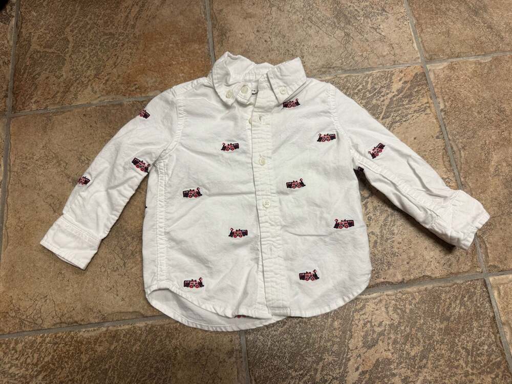Janie and Jack White Long Sleeve Train Print Button Down Shirt 12-18 Months